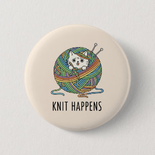 Whimsical Witte Kat in Kleurrijk Garenbreien Ronde Button 5,7 Cm
