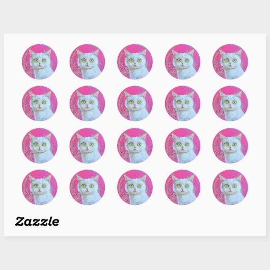 Whimsical witte kat ronde sticker (Vel)