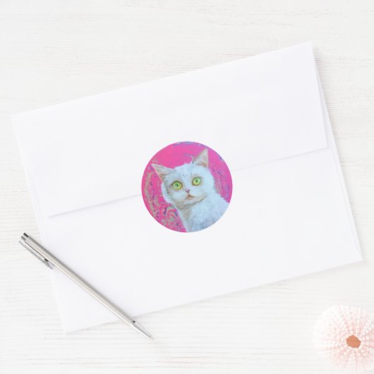 Whimsical witte kat ronde sticker (Envelop)