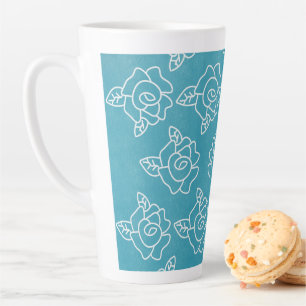 Whimsical Witte Rozen Hand-getrokken Bloemen Turqu Latte Mok