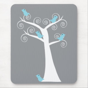 Whimsical Witte Spiraalboom met Blauwe Vogels Grij Muismat