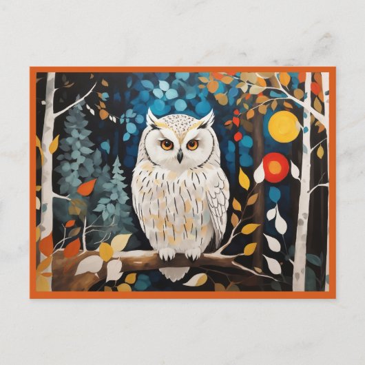 Whimsical witte uil in kleurrijk levendig bos briefkaart (Voorkant)