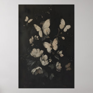 Whimsical Witte Vlinders en Bloemen Donker Poster