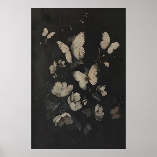 Whimsical Witte Vlinders en Bloemen Donker Poster (Voorkant)