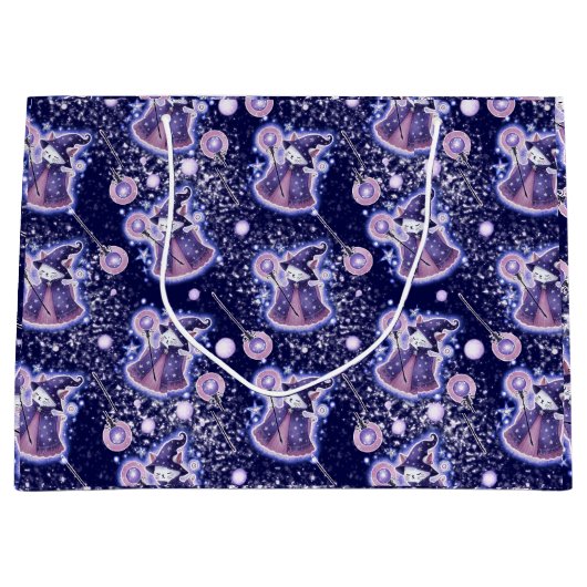 Whimsical Wizard Cat Gift Bag | hemelse fantasie Groot Cadeauzakje (Voorkant)