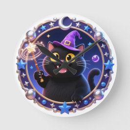 Whimsical Wizard Cat Magical Portrait Art Print Ronde Klok