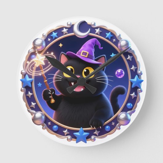 Whimsical Wizard Cat Magical Portrait Art Print Ronde Klok (Voorkant)