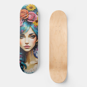 Whimsical Woman's Face Floral Persoonlijk Skateboard