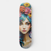 Whimsical Woman's Face Floral Persoonlijk Skateboard (Voorkant)