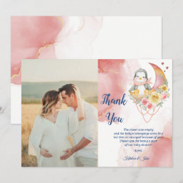Whimsical Wonderland Pink Penguin Baby shower girl Bedankkaart