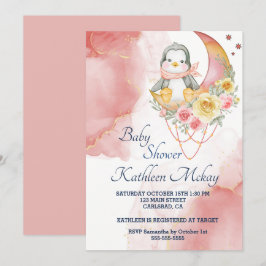 Whimsical Wonderland Pink Penguin Baby shower girl Kaart