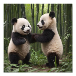 Whimsical Wonders: Baby-panda's spelen in het bos, Foto Afdruk