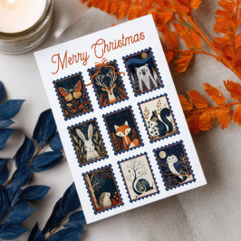 Whimsical Woodland Animal Stamps Merry Christmas  Briefkaart