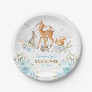 Whimsical Woodland Animals Blue Gold Floral Forest Papieren Bordje