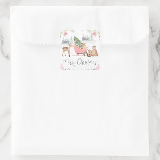 Whimsical Woodland Animals Christmas Sleigh Vierkante Sticker (Tas)