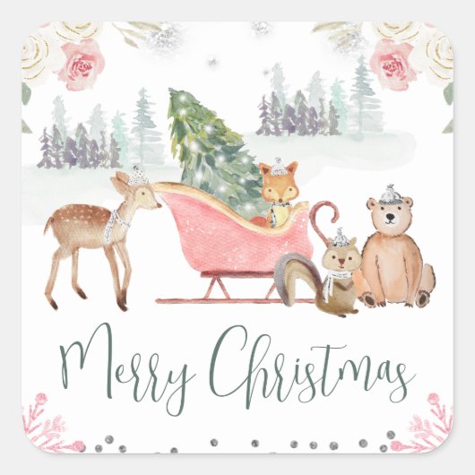 Whimsical Woodland Animals Christmas Sleigh Vierkante Sticker (Voorkant)