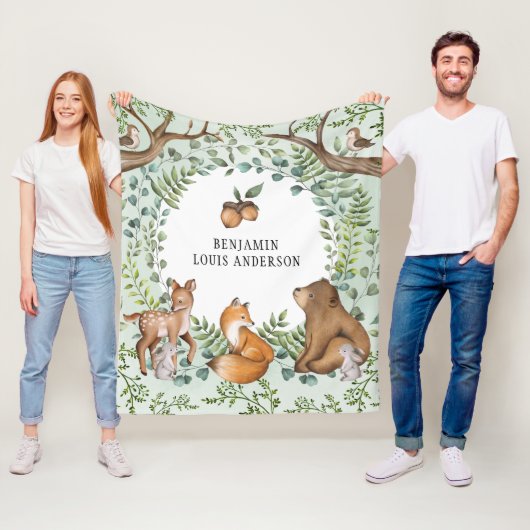 Whimsical Woodland Animals Forest Greenery Nursery Fleece Deken (In situ)