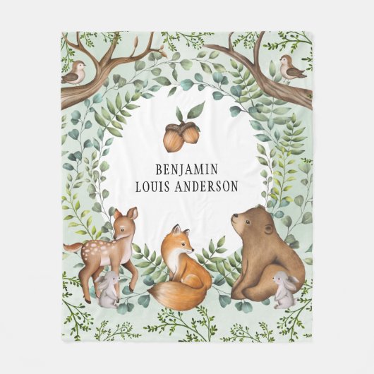 Whimsical Woodland Animals Forest Greenery Nursery Fleece Deken (Voorkant)