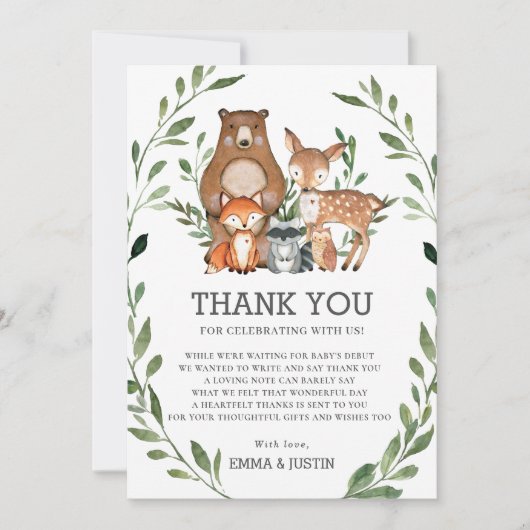 Whimsical Woodland Animals Greenery Baby shower Bedankkaart (Voorkant)