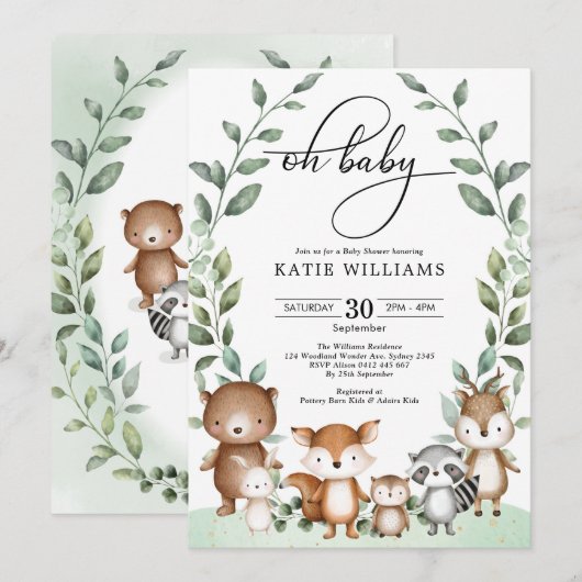 Whimsical Woodland Animals Greenery Baby shower Kaart (Voorkant / Achterkant)