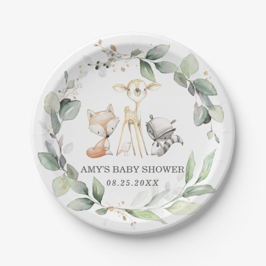 Whimsical Woodland Animals Greenery Baby shower Papieren Bordje (Voorkant)