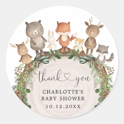 Whimsical Woodland Animals Greenery Baby shower Ronde Sticker (Voorkant)