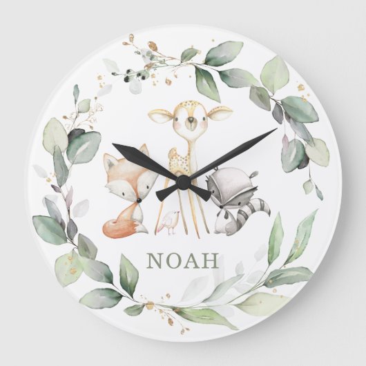 Whimsical Woodland Animals Greenery Boy Girl Room Grote Klok (Voorkant)