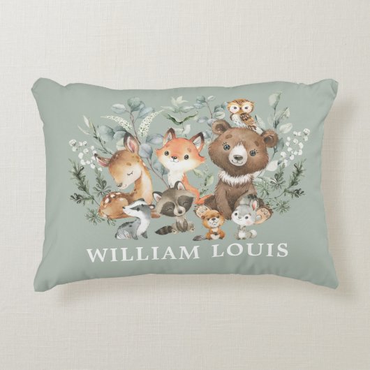 Whimsical Woodland Animals Sage Greenery Nursery Accent Kussen (Voorkant)