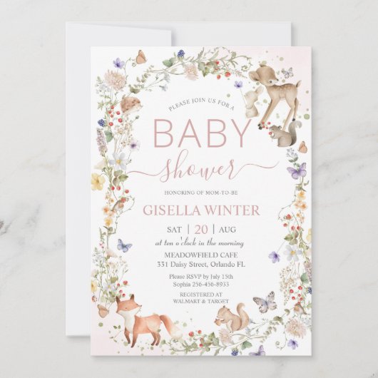 Whimsical Woodland Animals Wildflower Baby shower Kaart (Voorkant)