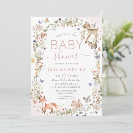 Whimsical Woodland Animals Wildflower Baby shower Kaart (Staand voorkant)