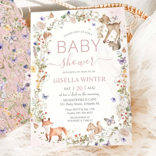 Whimsical Woodland Animals Wildflower Baby shower Kaart
