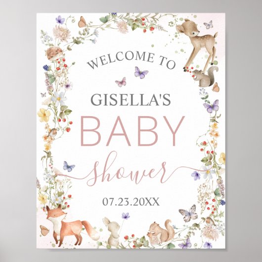 Whimsical Woodland Animals Wildflower Baby Shower  Poster (Voorkant)
