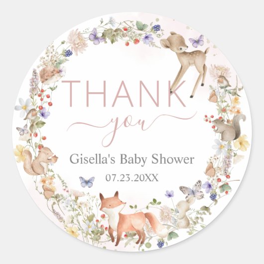 Whimsical Woodland Animals Wildflower Baby Shower  Ronde Sticker (Voorkant)
