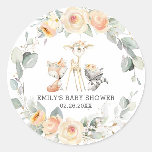Whimsical Woodland Animals Yellow Floral Favor Ronde Sticker (Voorkant)