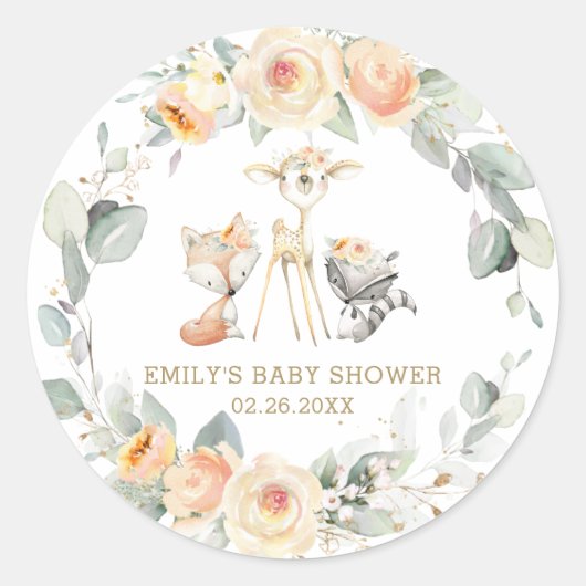 Whimsical Woodland Animals Yellow Floral Favor Ronde Sticker (Voorkant)