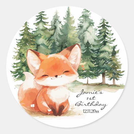 Whimsical Woodland Baby Fox 1st Birthday Ronde Sticker (Voorkant)