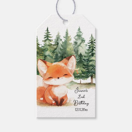 Whimsical Woodland Baby Fox 2e Verjaardag Cadeaulabel (Voorkant)