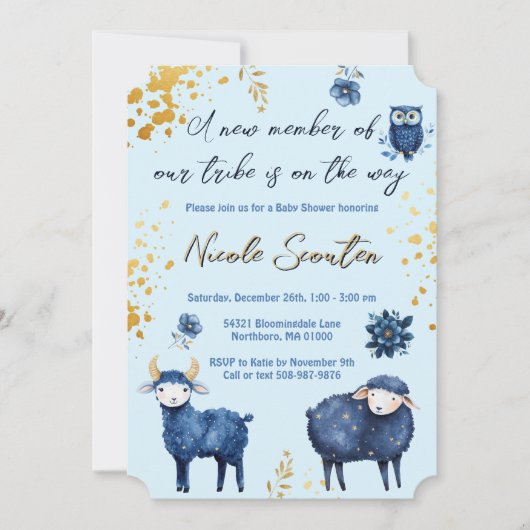 Whimsical Woodland Blue Gold Baby shower Kaart (Voorkant)