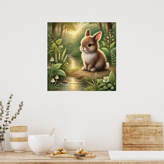 Whimsical Woodland Bunny Art – Schattige Bos Konij Poster (Keuken)