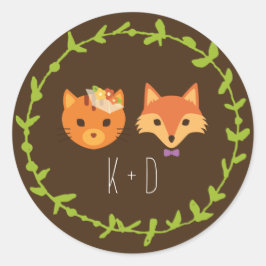 Whimsical Woodland Cat & Fox bruiloft Ronde Sticker