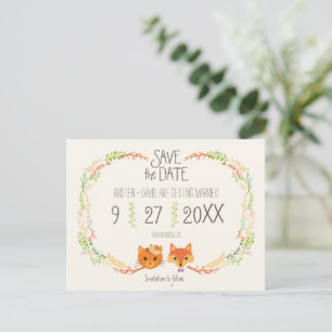 Whimsical Woodland Cat & Fox bruiloft Save the Dat Aankondigingskaart