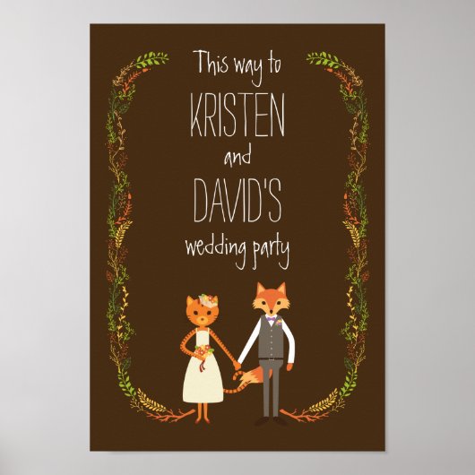 Whimsical Woodland Cat & Fox Couple Weddenschap Poster (Voorkant)