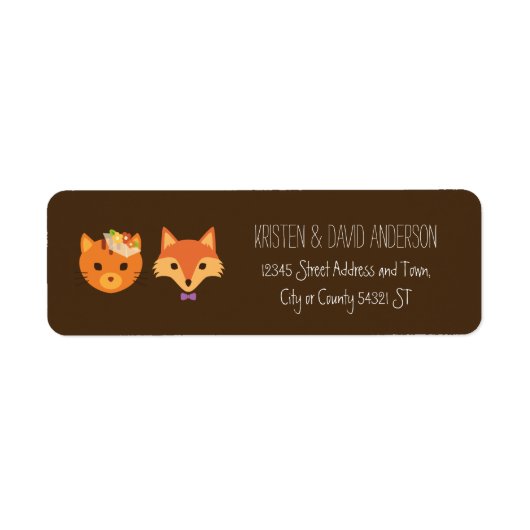 Whimsical Woodland Cat & Fox Paar Bruiloft Etiket (Voorkant)