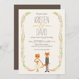 Whimsical Woodland Cat & Fox Paar Bruiloft Kaart