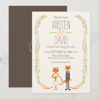 Whimsical Woodland Cat & Fox Paar Bruiloft Kaart