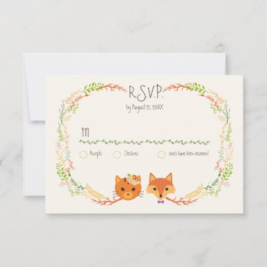 Whimsical Woodland Cat & Fox Paar Bruiloft RSVP (Voorkant)