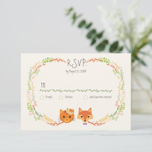 Whimsical Woodland Cat & Fox Paar Bruiloft RSVP (Staand voorkant)