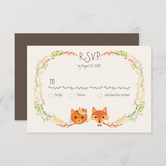 Whimsical Woodland Cat & Fox Paar Bruiloft RSVP (Voorkant / Achterkant)