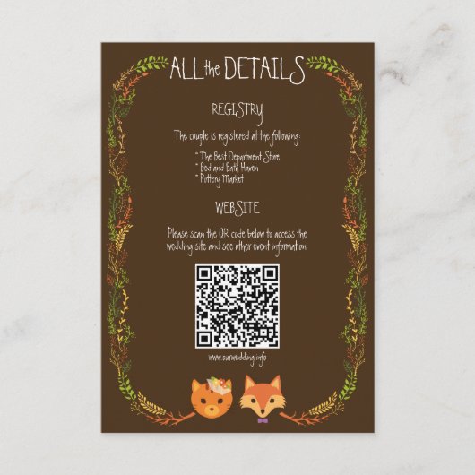 Whimsical Woodland Cat & Fox Rustic Wedding Informatiekaartje (Voorkant)