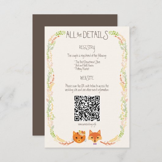 Whimsical Woodland Cat & Fox Rustic Wedding Informatiekaartje (Voorkant / Achterkant)
